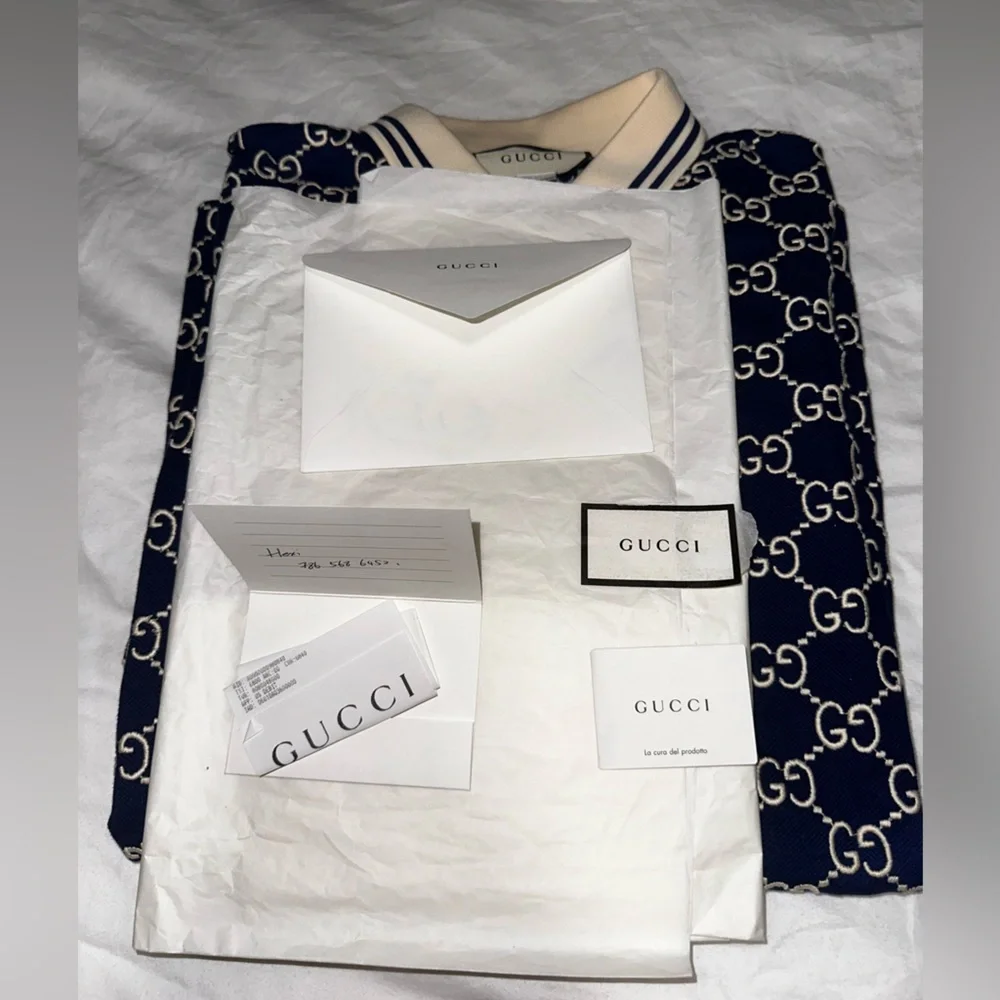 GUCCI Men's Navy GG Pattern Polo / worn once comes with everything - Picture 2 of 7